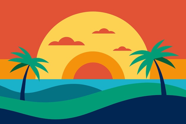 Vector una pintura de un atardecer con palmeras en el agua