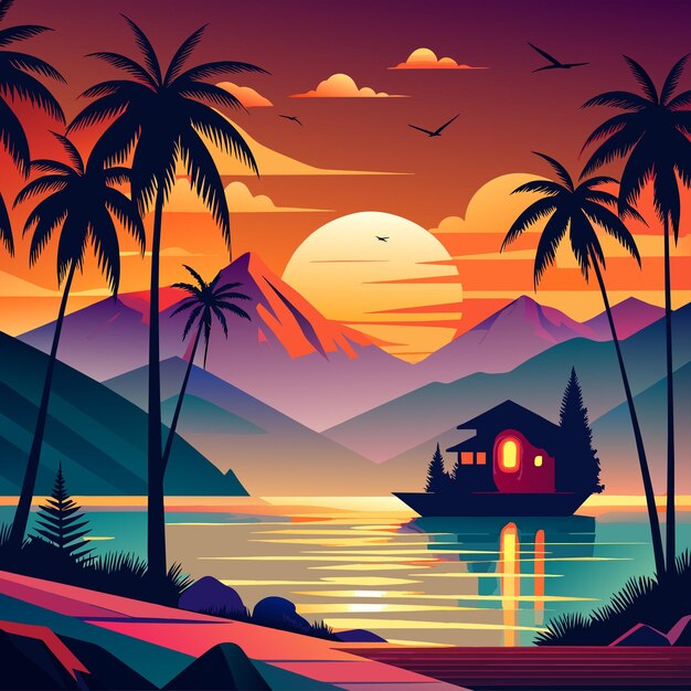 Vector una pintura de un atardecer con palmeras y una casa en el agua