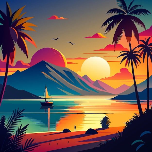 Vector una pintura de un atardecer con palmeras y un velero en el agua