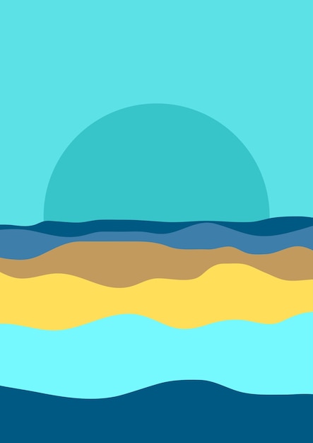 una pintura de un atardecer con una playa y el sol en el fondo