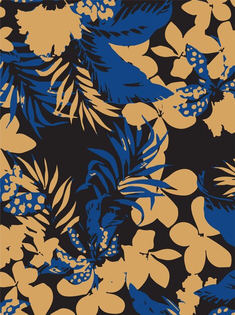una pintura azul y dorada de flores y hojas
