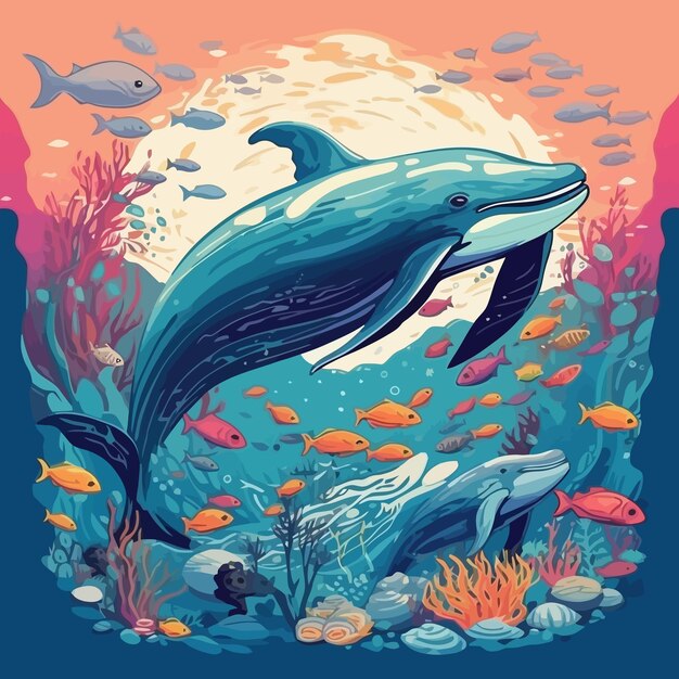 Una pintura de una ballena y unos peces en el agua.