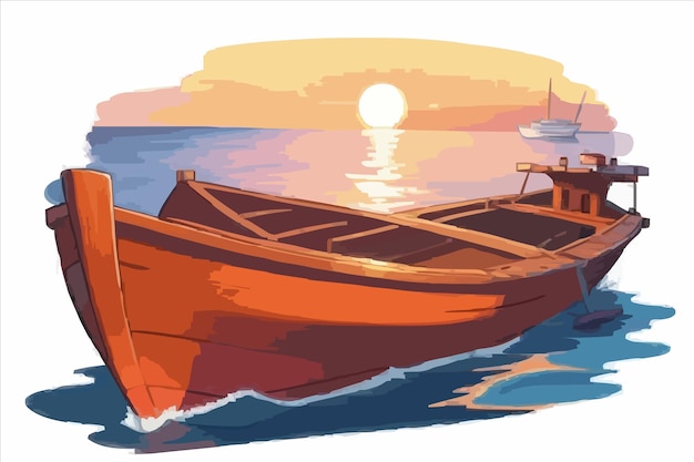 Vector una pintura de un barco con el sol poniéndose en el agua