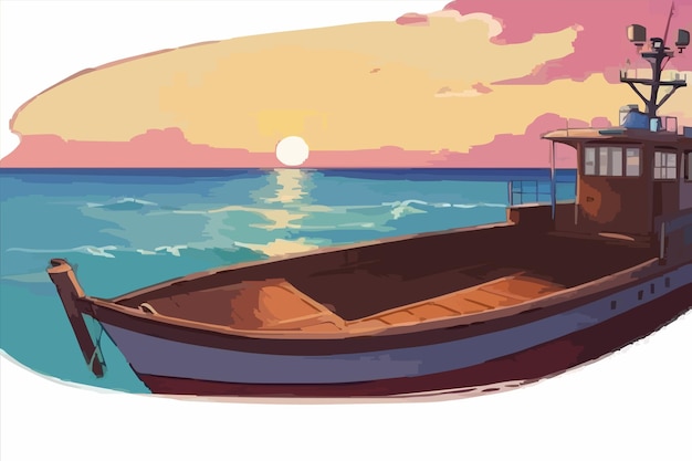 Vector una pintura de un barco con el sol poniéndose en el horizonte