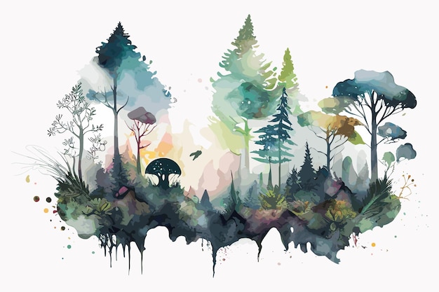 Una pintura de un bosque con una escena forestal.