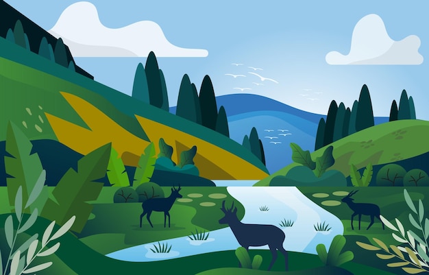 una pintura de un bosque con un río y un bosque con Un ciervo en el fondo