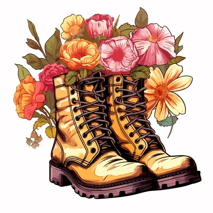 Vector una pintura de una bota con flores y flores