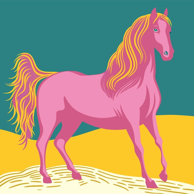 una pintura de un caballo con una melena rosa y amarilla