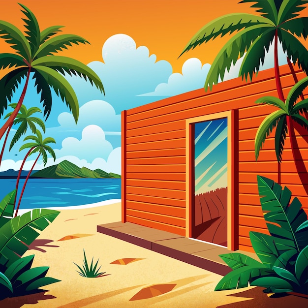 Vector una pintura de una cabaña de playa con palmeras y una escena de playa