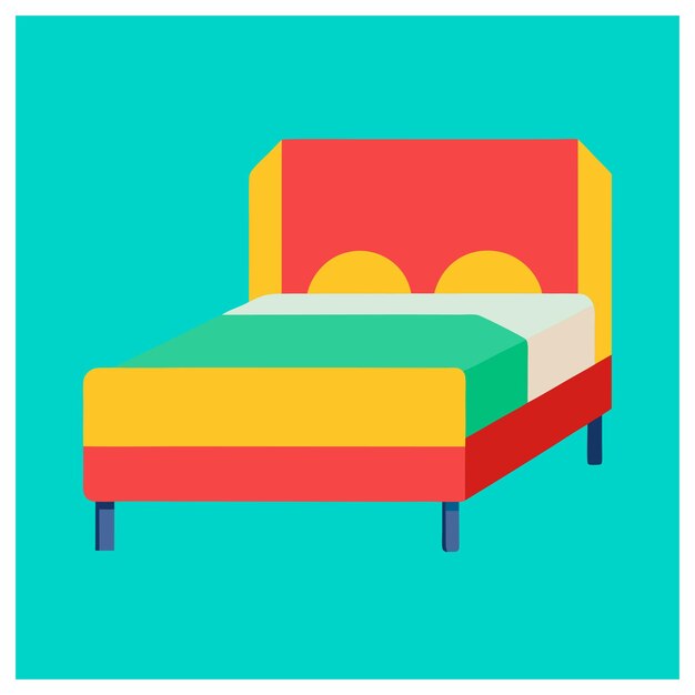 una pintura de una cama con un marco de cama amarillo y rojo