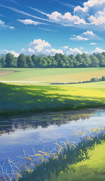 una pintura de un campo con un río y árboles