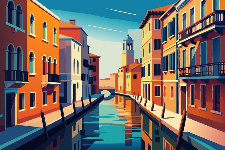 una pintura de un canal con edificios y un puente en el fondo