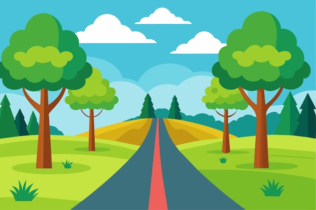 una pintura de una carretera con árboles y una carretera