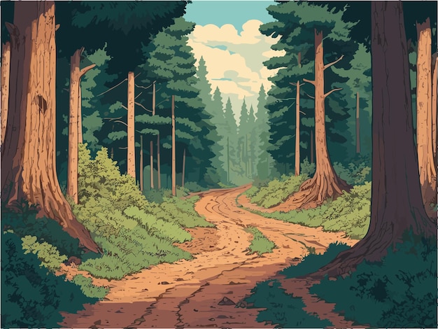 Vector una pintura de una carretera que atraviesa un bosque flanqueado por rocas y árboles bosque paisajístico