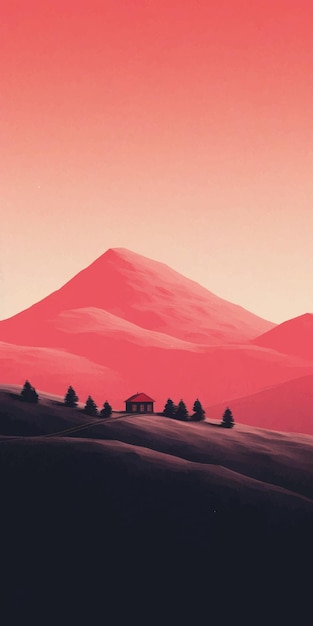 una pintura de una casa en una colina con una montaña roja en el fondo