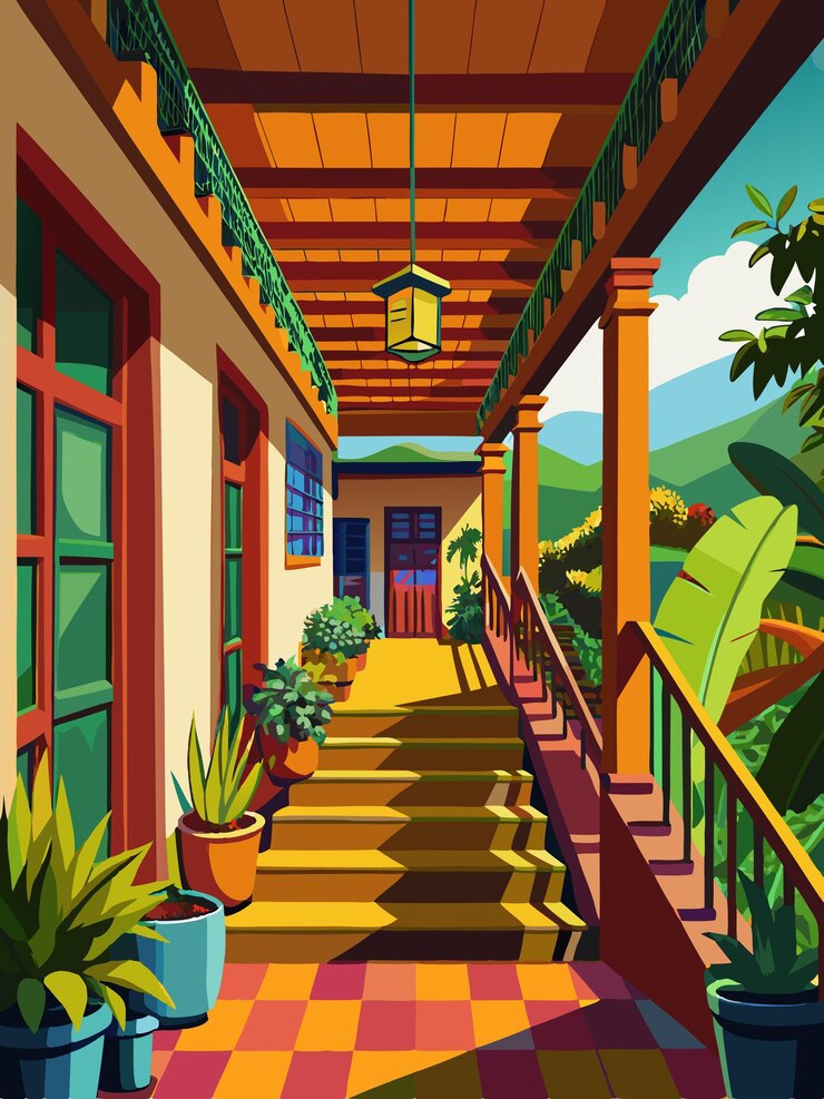 Vector una pintura de una casa con un porche que dice "la casa"