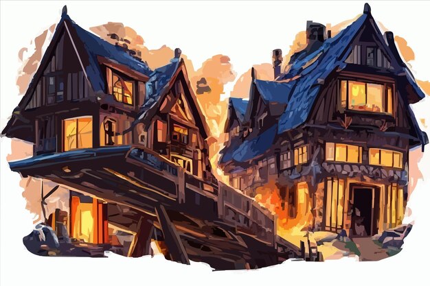 Vector una pintura de una casa con un techo azul y una escalera de incendios