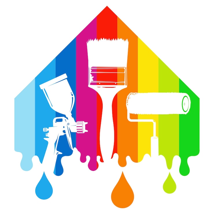 Vector pintura para casas de colores con rodillo de cepillo y pistola de pulverización