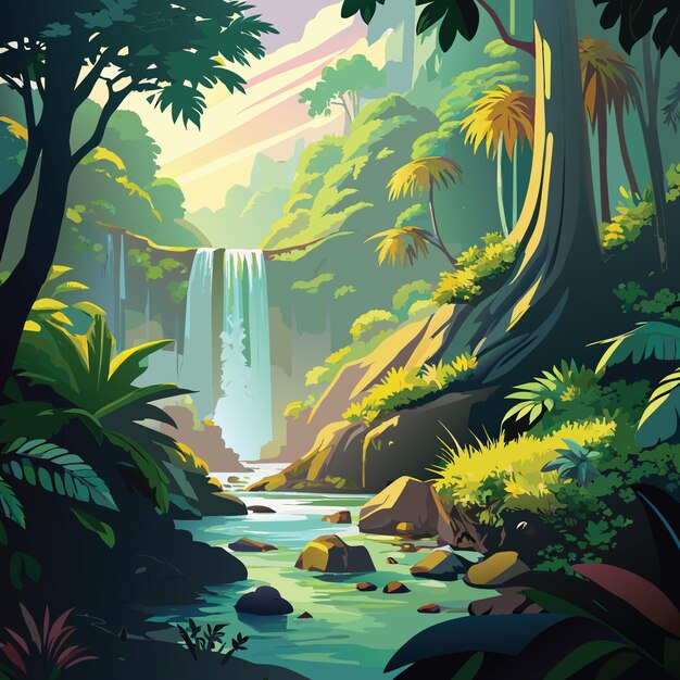 una pintura de una cascada con una escena de la selva y una cascada en el fondo