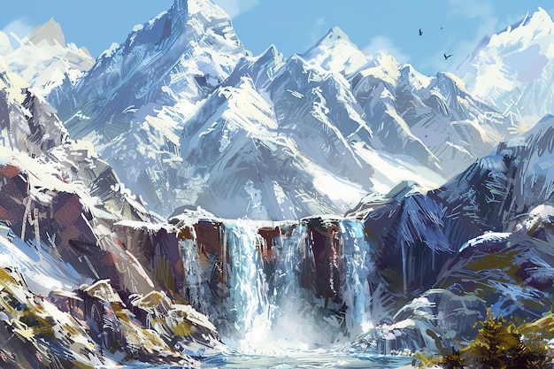 una pintura de una cascada con una imagen de una cascade y pájaros volando a su alrededor