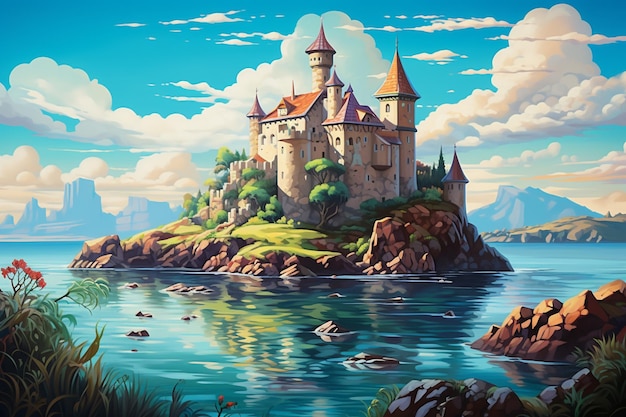 pintura de un castillo junto al océano hermosa imagen de castillo castillo en altas montañas con nubes