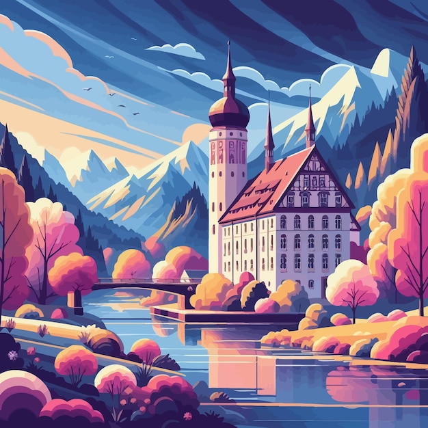 una pintura de un castillo con un lago y montañas en el fondo