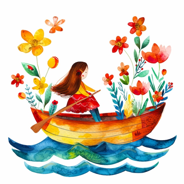 Vector pintura de una chica en un barco con flores