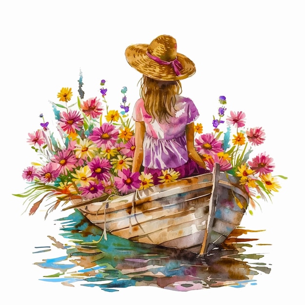 Vector pintura de una chica en un barco con flores