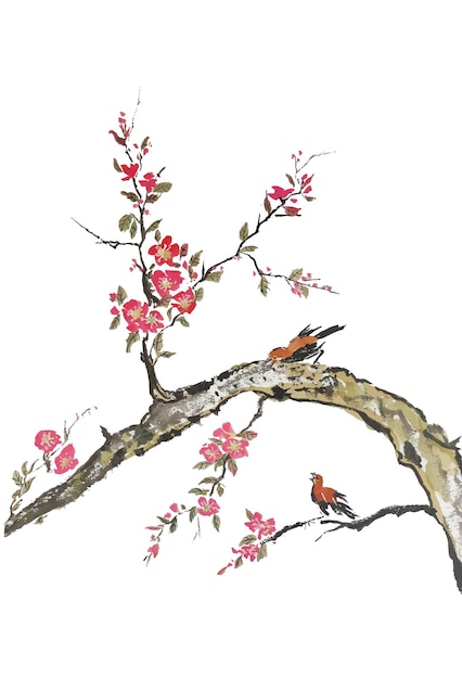 Pintura china de flor de trompeta de ángel con pájaro en la rama
