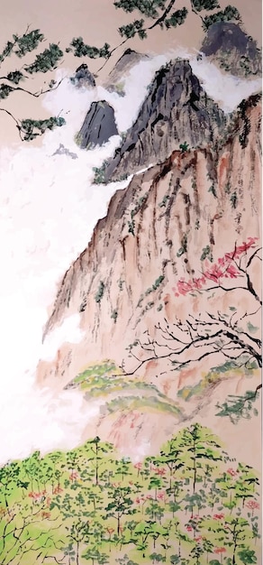 Pintura china La niebla rodea los altos acantilados en medio del bosque de pinos