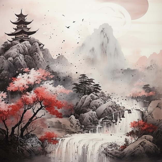 Vector pintura del cielo en óleo pastel pintura de campo de trigo con cuervos arte japonés antiguo