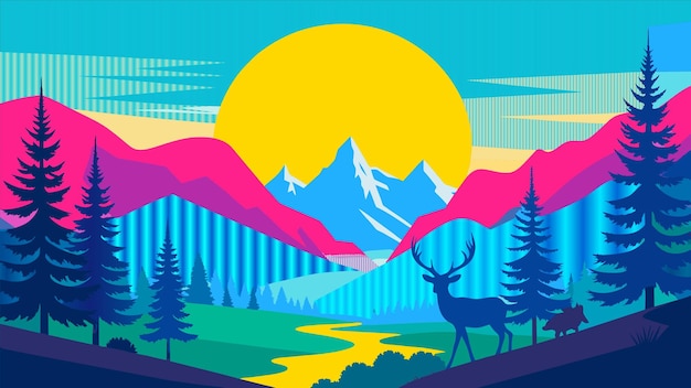 Vector una pintura de un ciervo en las montañas con montañas en el fondo