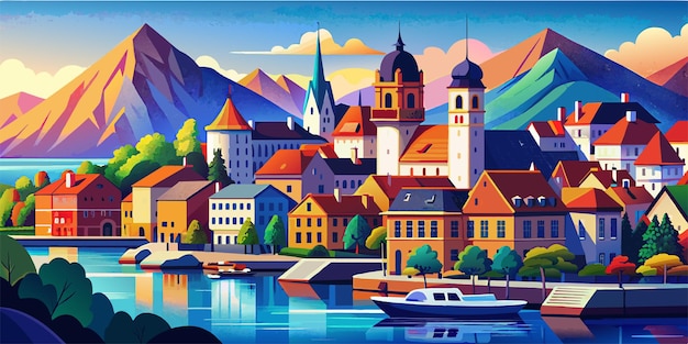 Vector una pintura de una ciudad con un barco y una ciudad en el fondo