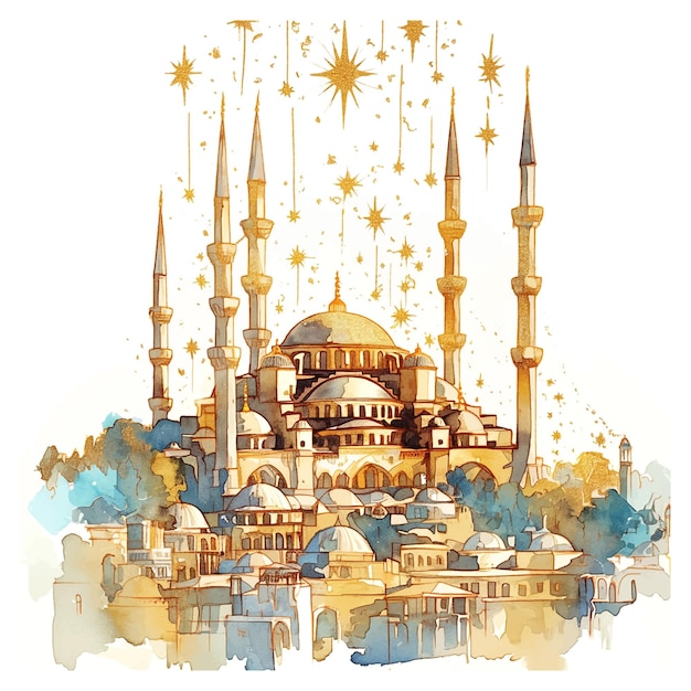 Vector una pintura de una ciudad de estambul con un gran edificio en el fondo la pintura es en acuarela y tiene una sensación cálida y acogedora