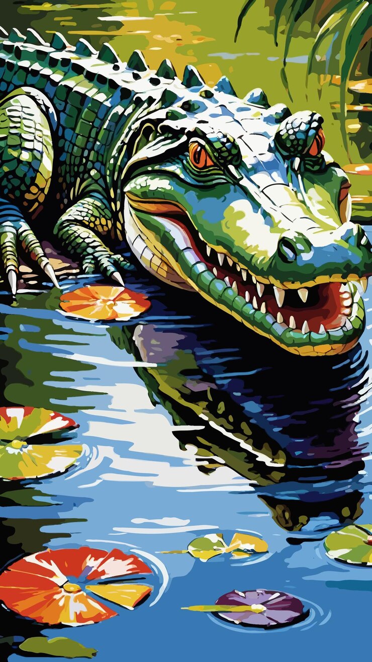 Vector una pintura de un cocodrilo con ojos amarillos dibujos animados vector obra de arte