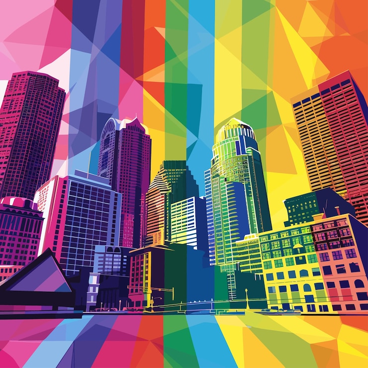 Vector una pintura colorida de una ciudad con un patrón de arco iris