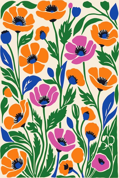 una pintura colorida de flores por el artista