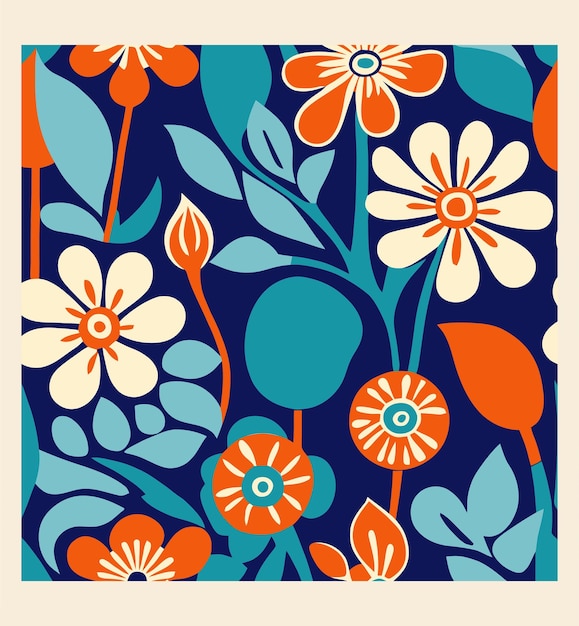 una pintura colorida de flores y un fondo azul con flores naranjas y blancas