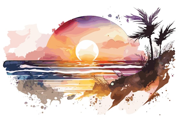 Una pintura colorida de una playa con una palmera y el sol.