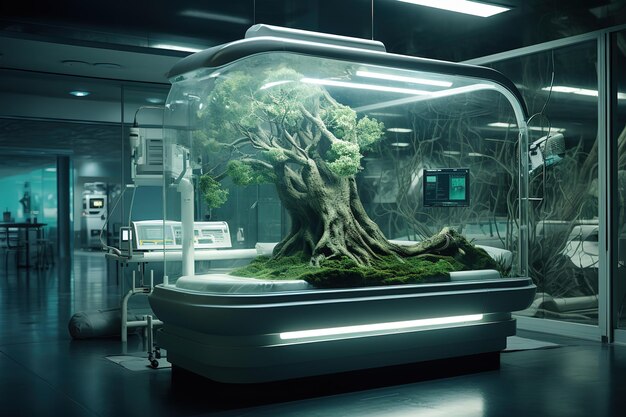 Pintura conceptual artística de un hermoso hospital futurista de ciencia ficción diseño tierno y soñador