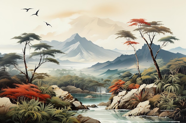 Vector pintura conceptual artística de un hermoso paisaje silvestre con una pintoresca playa y palmeras