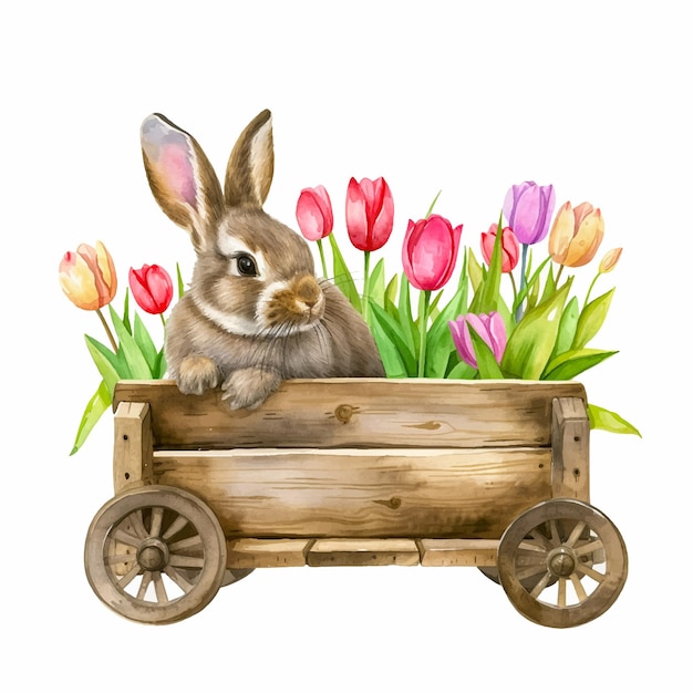 Pintura de un conejo en un carro de madera con flores de tulipanes