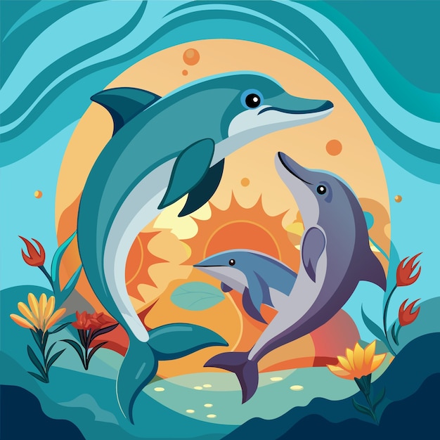 una pintura de delfines y flores con un sol y una luna en el fondo