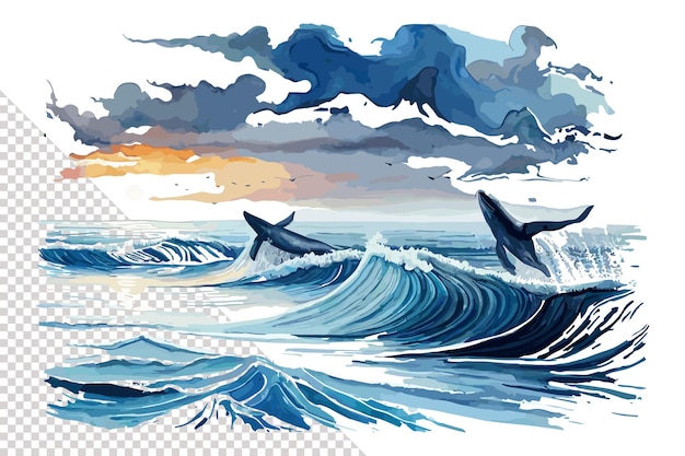 Una pintura de delfines en el océano.