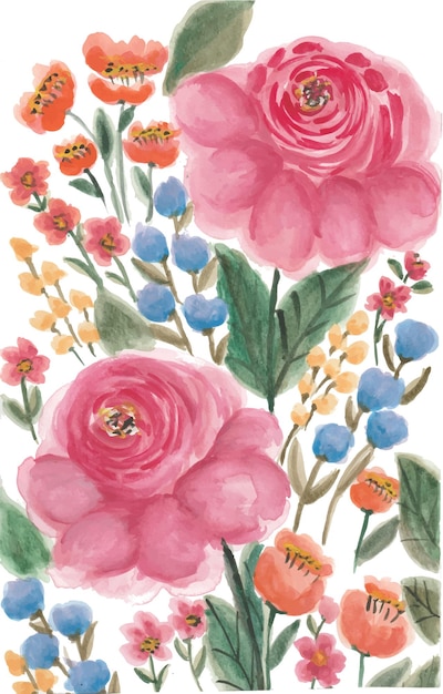 Pintura dibujada a mano en acuarela de flores pastel vintage con fondo blanco aislado