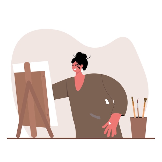 Pintura, dibujo y concepto de obra de arte Joven artista sonriente de pie haciendo dibujo sobre lienzo sintiéndose creativo ilustración vectorial