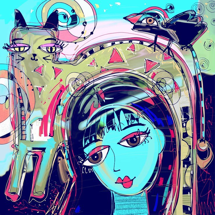 Vector pintura digital abstracta de niña con un gato y un pájaro en una composición colorida de la cabeza