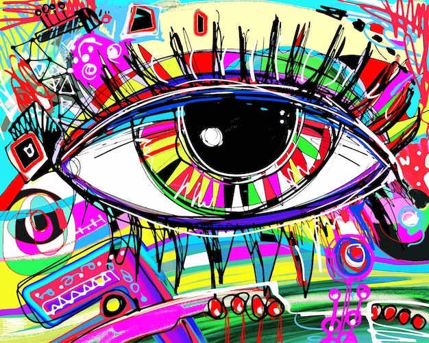 Pintura digital abstracta original de composición colorida del ojo humano en el arte moderno contemporáneo