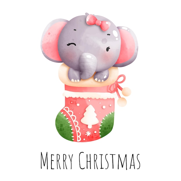 Pintura digital acuarela elefante bebé de navidad en calcetín aislado sobre fondo blanco.