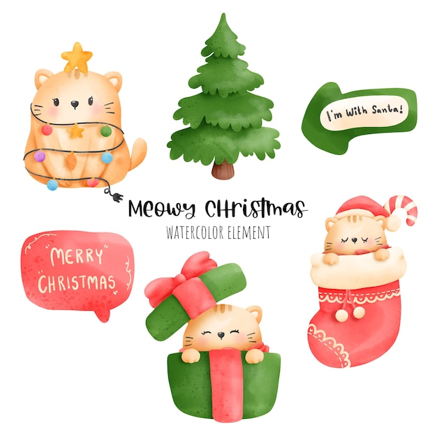 Pintura digital acuarela meowy elemento navideño. Vector de gato de Navidad.
